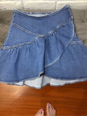 MOTHER Denim Asymmetrical Ruffle Mini Skirt in Blue